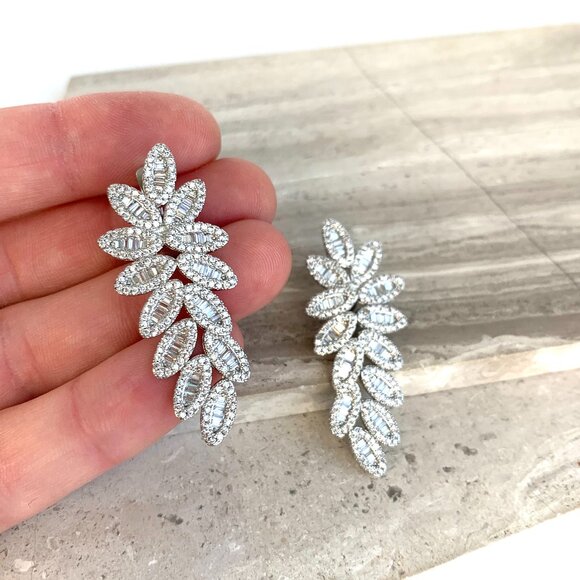 NEW ~ Anthropologie Pavé X Baguette Fancy Flower Drop Stud Silver Earrings - Picture 2 of 14
